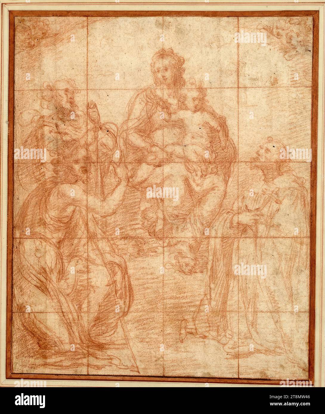 Die Madonna und das Kind erscheinen Johannes dem Täufer und zwei Heiligen, Jacopo Confortini (Florenz 1602–1672 Florenz), Zeichnung, rote Kreide; Rotkreidequadrierung, 28,2 x 23,3 cm, Herzog Albrecht von Sachsen-Teschen Stockfoto