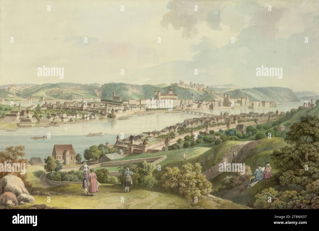 Passau, Zeichnung, Aquarell, 27 x 42,9 cm, l. und Herzog Albrecht von Sachsen-Teschen Stockfoto