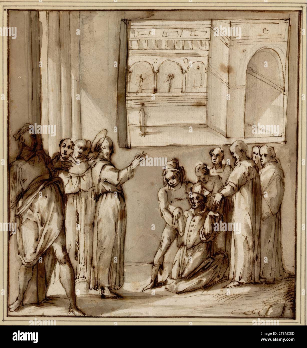 Franziskus heilt einen Mann mit Missbildungen, Domenico Cresti genannt Passignano (Badia a Passignano (Tavarnelle Val di Pesa) 1559 - 1638 Florenz), Zeichnen, Stift, Tinte, gewaschen, 16,2 x 15,8 cm, l.l., Herzog Albrecht von Sachsen-Teschen Stockfoto