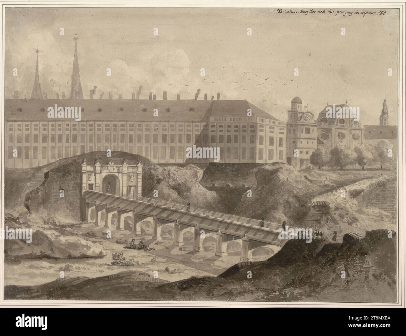 Das innere Burgtor nach der Sprengung des äußeren Burgtors, Anton Stutzinger (Wien 1821 - nach 1875 Wien), Zeichnung, Pinsel, 24,4 x 32,4 cm, rechts oben: „Das innere Burgtor nach der Sprengung des äußeren 1810 Stockfoto