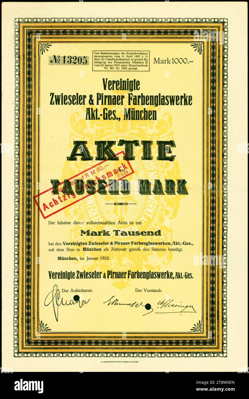 Vereinigte Zwieseler & Pirnaer Farbenglaswerke 1923. Stockfoto