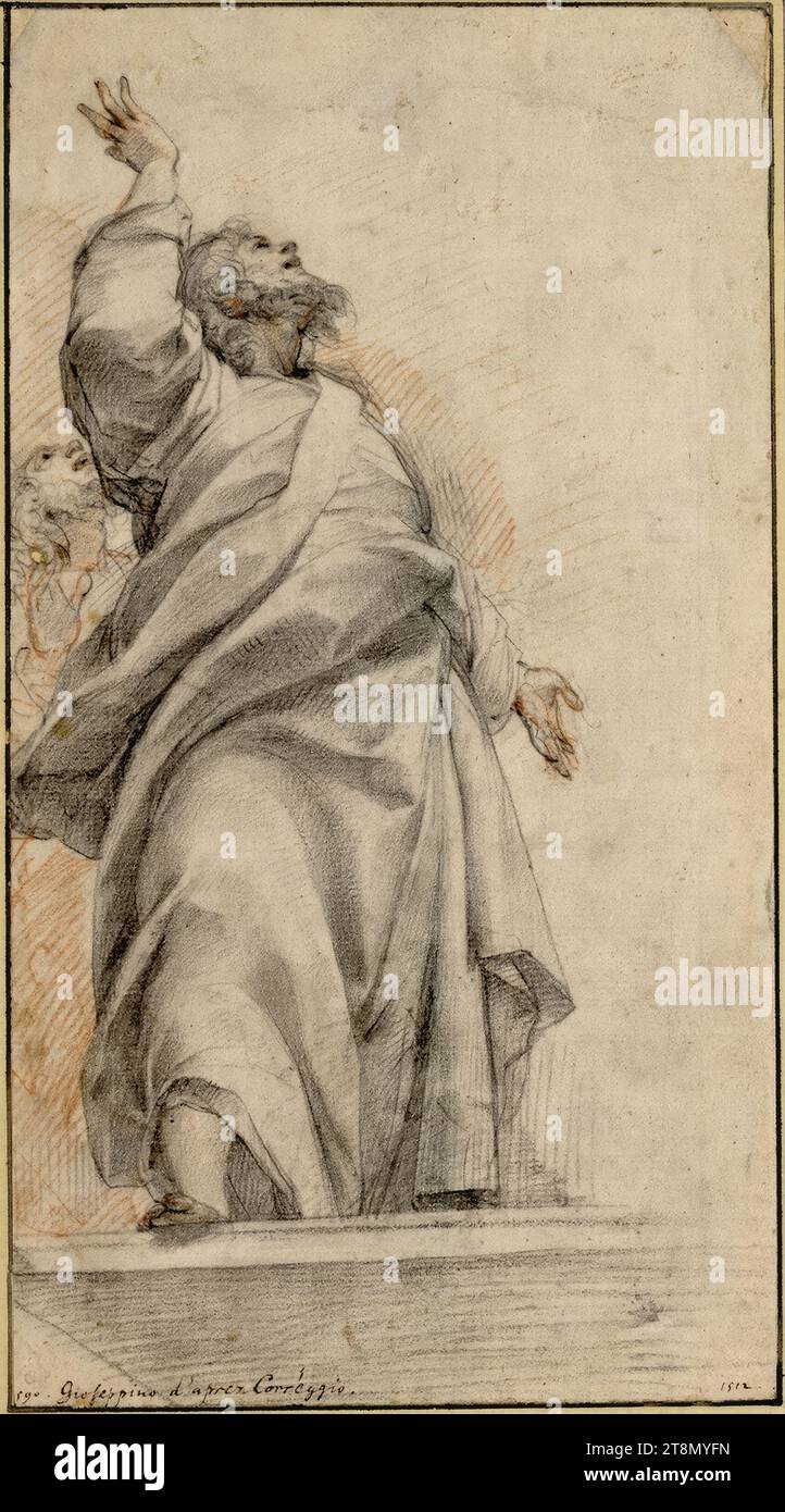 Der Apostel Johannes blickt nach rechts, mit ausgestreckten Armen, in voller Länge; hinter ihm ist der Kopf eines zweiten Apostels sichtbar, Giuseppe Cesari genannt Cavaliere d' Arpino (Arpino 1568 - 1640 Rom), Zeichnung, Kreide; Rotkreide, 28,7 x 15,8 cm, Herzog Albrecht von Sachsen-Teschen, unten links in späterer Hand '590 ... Gioseppino d'aprez Corrèggio'; rechts '1512 Stockfoto