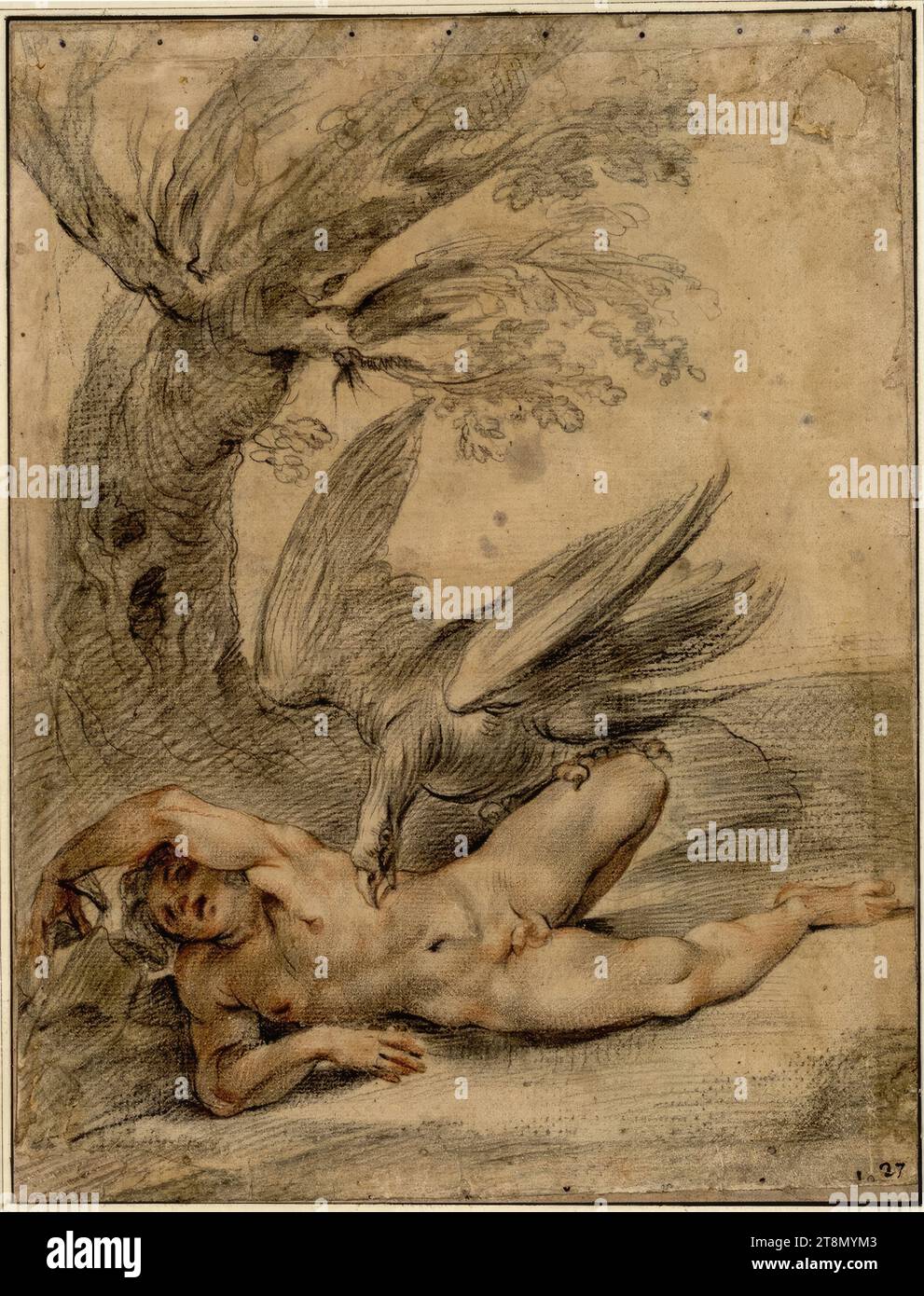 Prometheus Gebunden. (Der Adler hackt an der Leber des Prometheus, links am Fuß eines Baumes liegend und Krallen an seinem Oberschenkel), Zeichnung, Kreide; Röteln; an den Kanten beschädigt, 28,4 x 21,9 cm, unten links Herzog Albrecht von Sachsen-Teschen, in alten Händen '27 Stockfoto