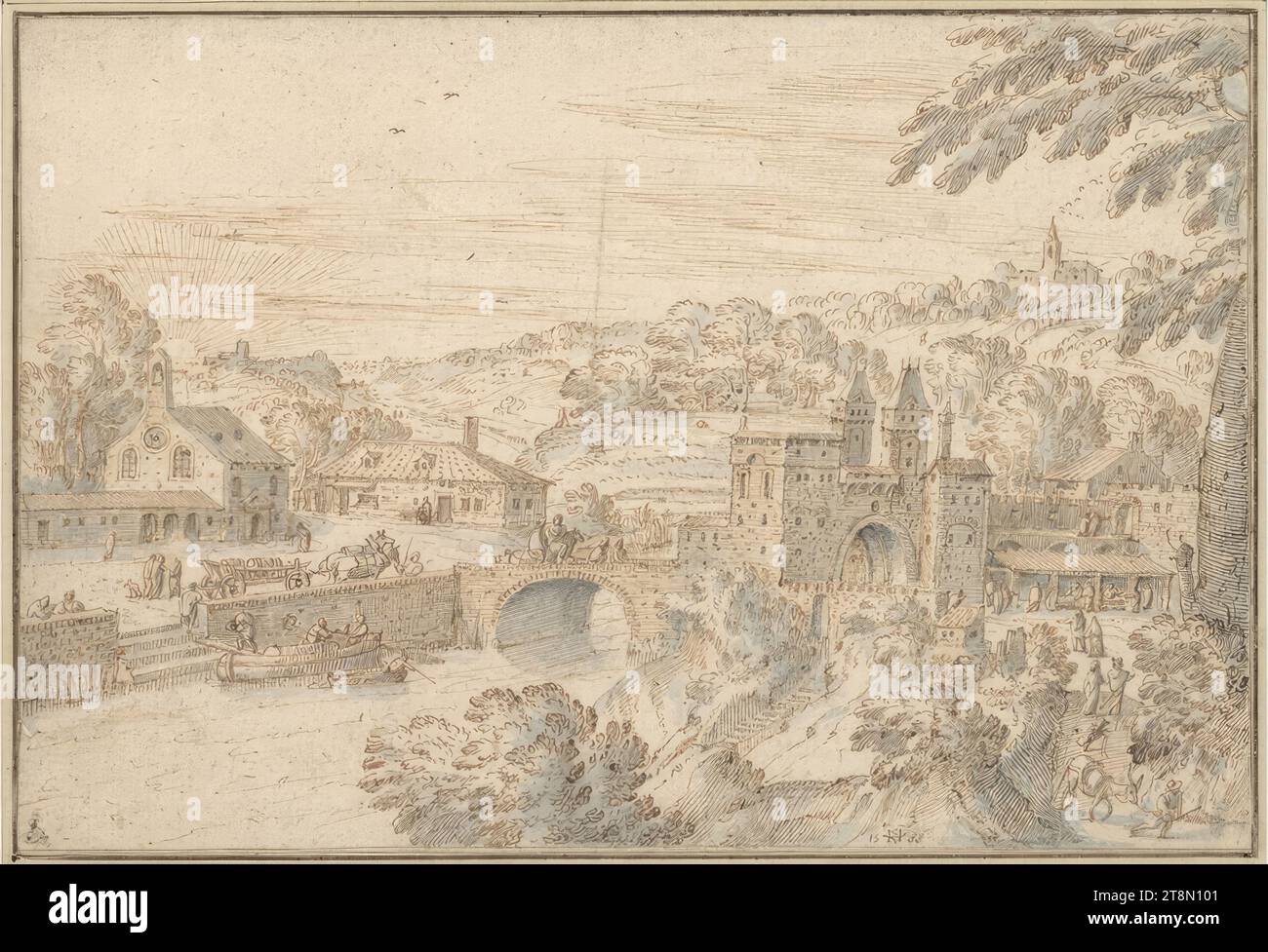 Stadttor an einer Brücke in einer abendlichen Landschaft, Hendrick van Cleve (Niederlande, ca. 1525–1590), 1588, Zeichnung, Stift und Tinte in braun, rötlich und blau gewaschen, 17,2 x 25,3 cm, l. und Herzog Albert von Sachsen-Teschen Stockfoto