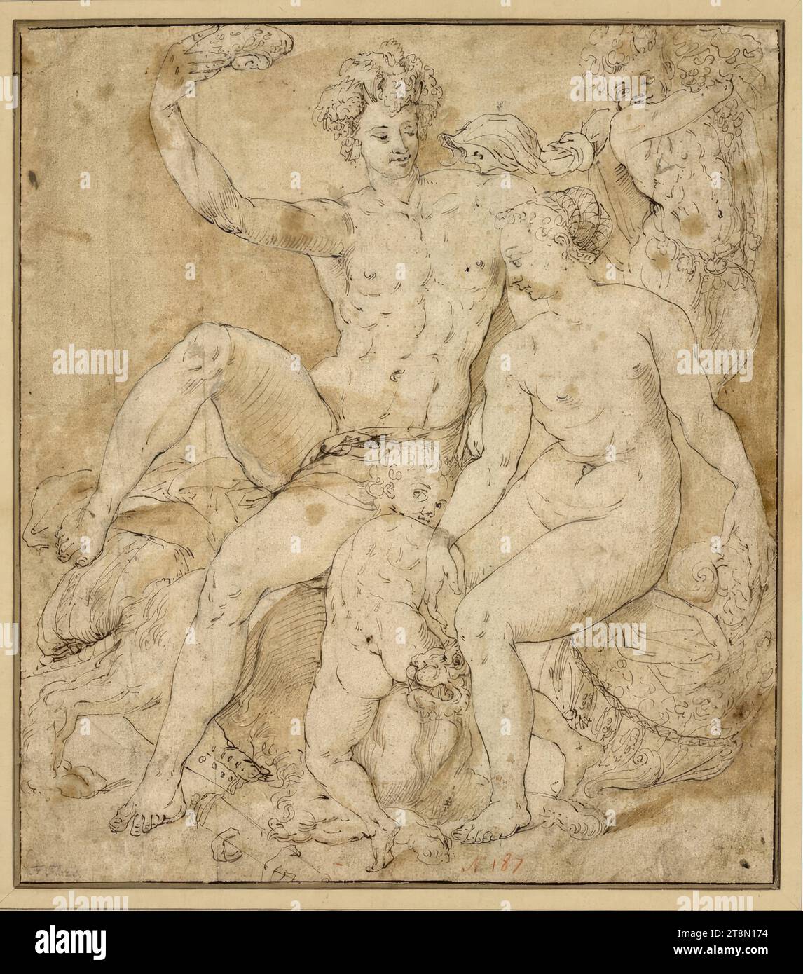 Bacchus und Ariadne, Anonym, Niederländisch, 2. Hälfte des 16. Jahrhunderts, Zeichnung, schwarz-brauner Stift, Waschung, 28,7 x 25,3 cm, l. und Herzog Albert von Sachsen-Teschen, l. und 'F. Floris Stockfoto