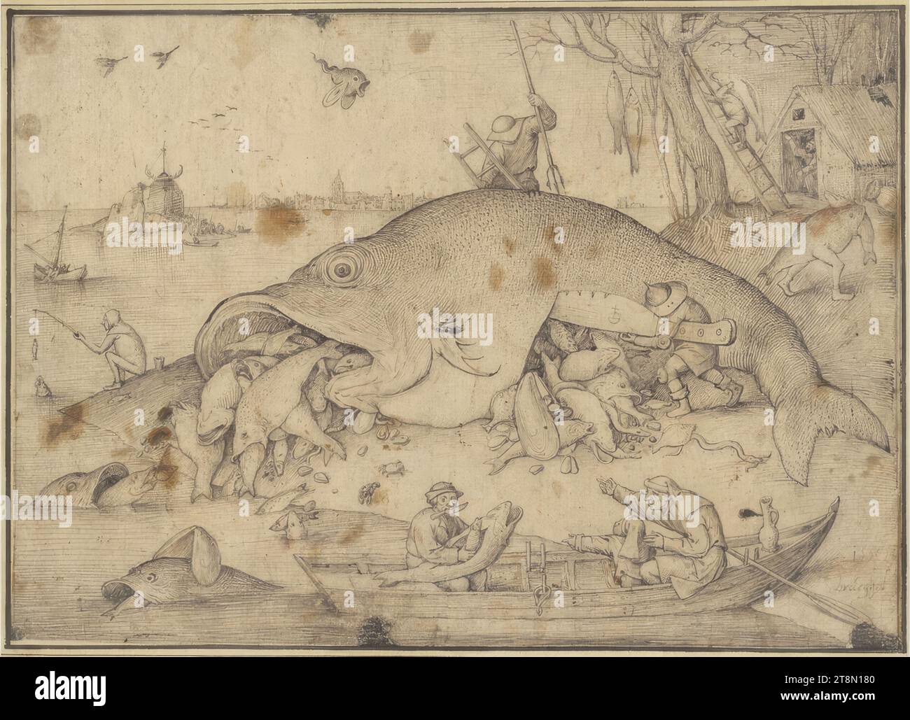 Die großen Fische fressen die Kleinen, Pieter Bruegel der Jüngere. (Breda?) 1526/27 - 1569 Brüssel), 1556, Zeichnung, Stift und Pinsel in grau und schwarz, 21,6 x 30,7 cm, l. l. l. Herzog Albert von Sachsen-Teschen, r. '1556, bruegel Stockfoto