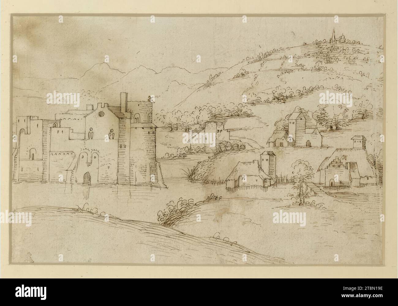 Landschaft mit Wasserschloss, Zeichnung, Stift und Tinte in Braun, 13,7 x 19,5 cm, links und Herzog Albrecht von Sachsen-Teschen Stockfoto