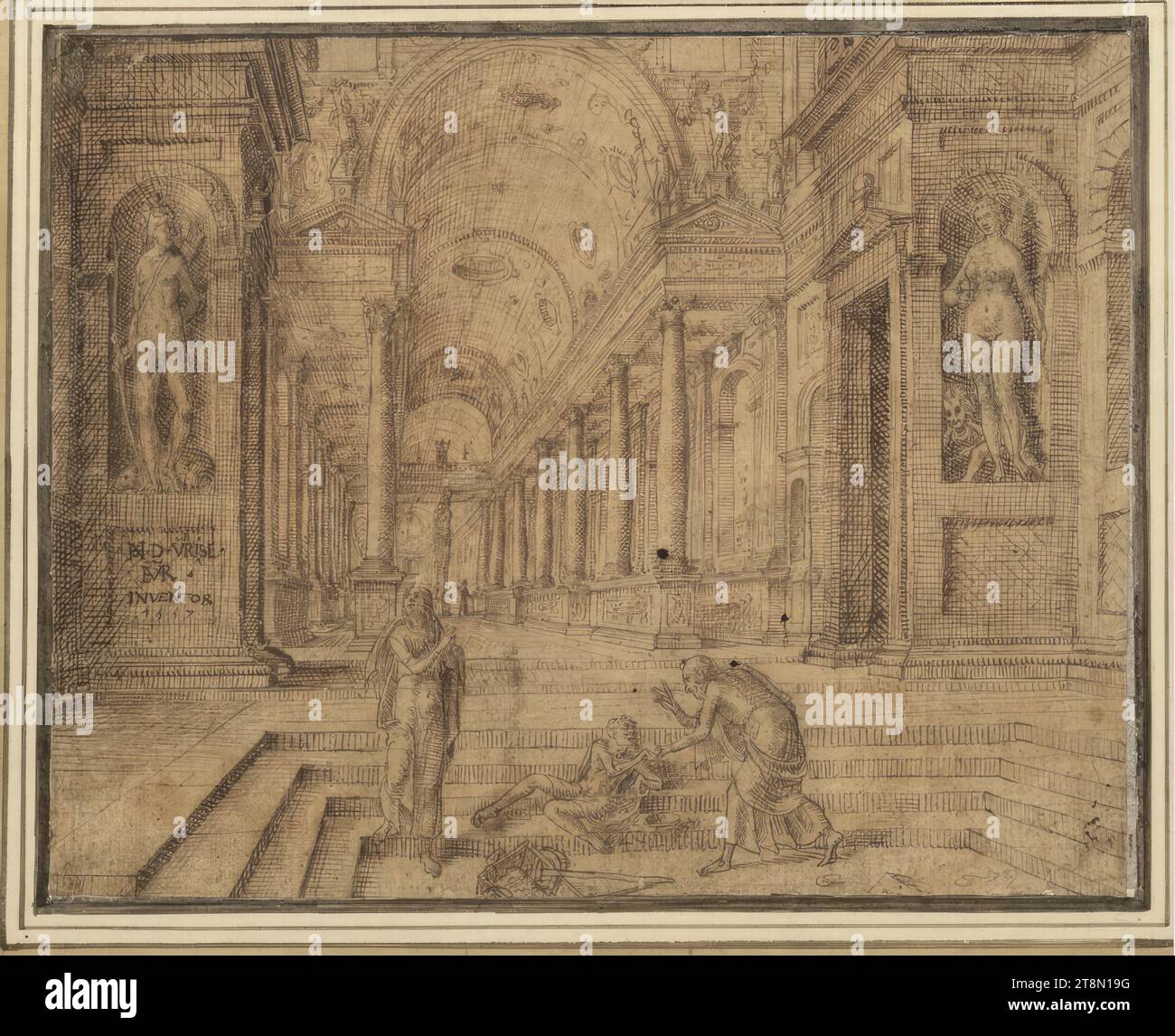 Tempeleingang mit der Heilung des Lahmen, Hans Vredeman de Vries (Leeuwarden/Friesland 1526 - 1606 Hamburg), 1557, Zeichnung, Stift und Tusche in Braun, 20,4 x 25,8 cm, l. und Herzog Albrecht von Sachsen-Teschen Stockfoto