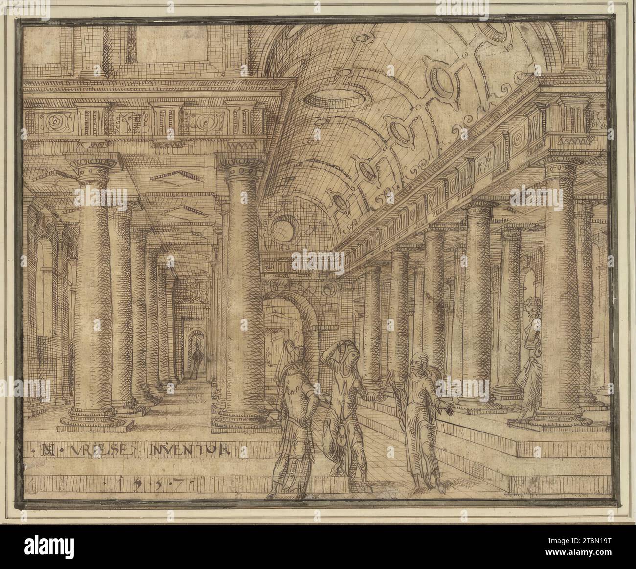 Fünfschiffiger Tempelsaal mit Christus unter den Schriftgelehrten, Hans Vredeman de Vries (Leeuwarden/Friesland 1526–1606 Hamburg), 1557, Zeichnung, Stift und Tusche in Braun, 20,8 x 25,8 cm, l. und Herzog Albrecht von Sachsen-Teschen Stockfoto