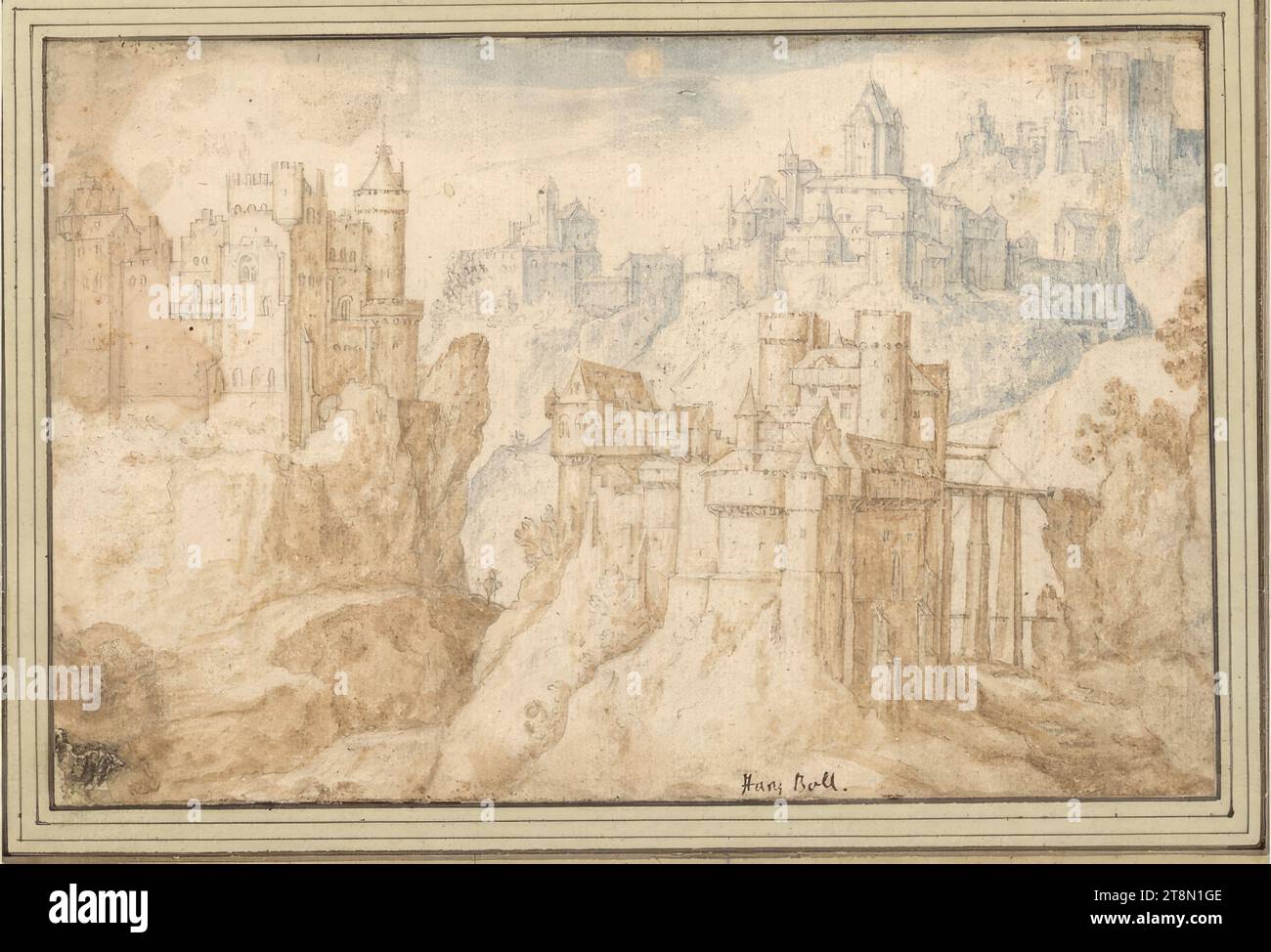 Landschaft mit Felsenschlössern, Hans Bol (Mechelen 1534 - 1593 Amsterdam), Zeichnung, Bleistift, braun-blaue Waschung, 12,9 x 19,5 cm, links und Herzog Albert von Sachsen-Teschen, unten Mitte 'Hans Boll Stockfoto