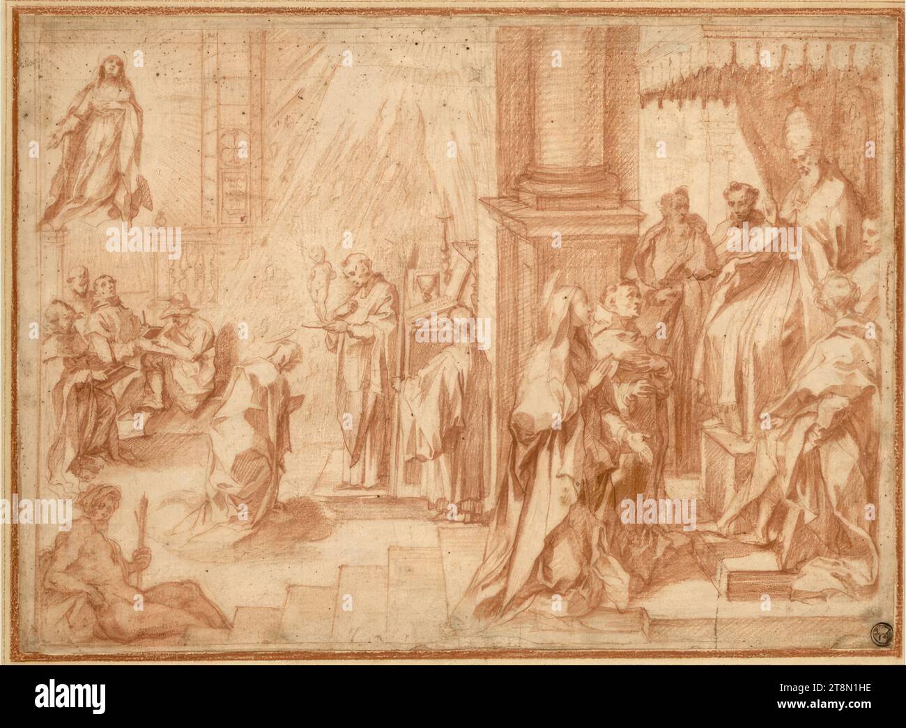 Szenen aus dem Leben der Heiligen Katharina von Siena. (Links erscheint sie den frommen Brüdern, die ihre Gespräche aufzeichnen; Katharina vor Papst Gregor XI. In Avignon, den sie bittet, den Sitz zurück nach Rom zu verlegen), Francesco Vanni (Siena 1563/65 - 1610 Siena), Zeichnung, Rotkreide, 22,2 x 30,6 cm, r.l. Conte Gelosi; l.b. Herzog Albrecht von Sachsen-Teschen Stockfoto