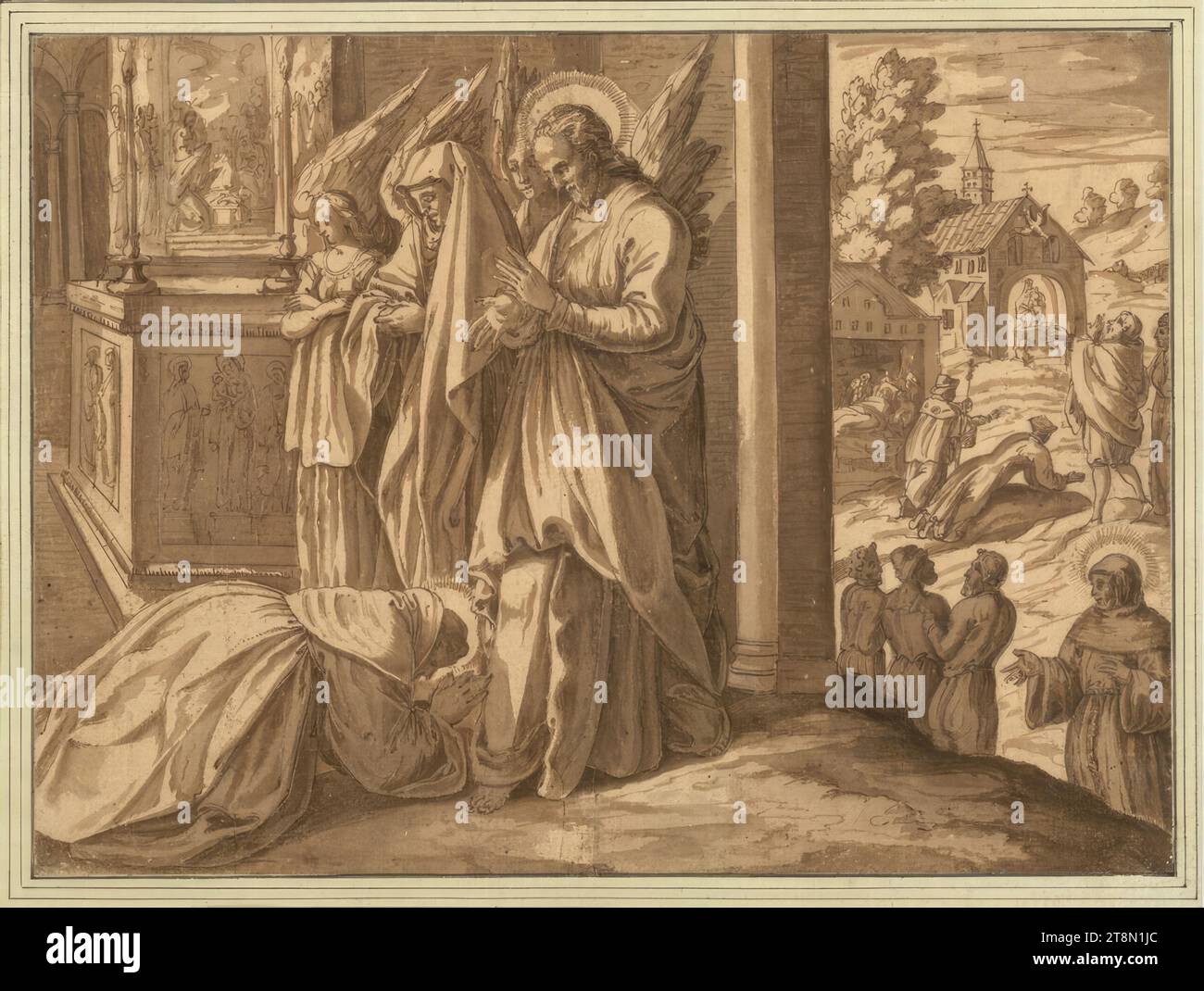 St. Franziskus erhält Ablässe für arme Seelen von Christus, dem Leben des heiligen Franziskus (Vorzeichnungen für eine Serie von Stichen), anonym, Zeichnung, Stift und Tinte in Braun, gewaschen, 20 x 27,2 cm, l. und Herzog Albert von Sachsen-Teschen Stockfoto