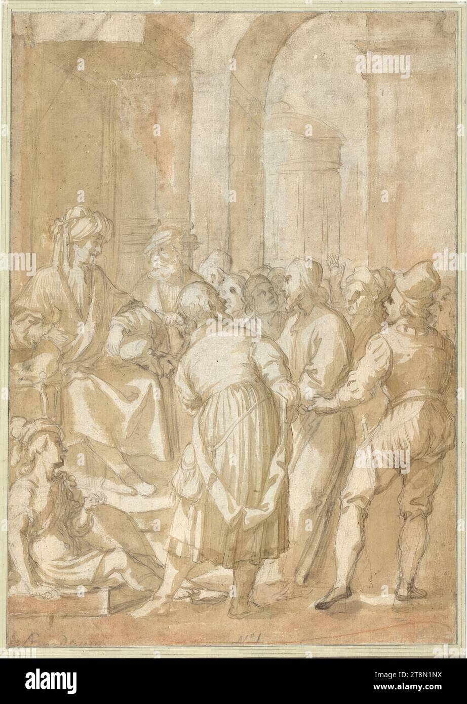 Christus vor Pilatus, Nicolaes de Bruyn (Antwerpen 1571 - 1656 Rotterdam), Zeichnung, schwarze Kreide, braun und rötlich gewaschen, 39,8 x 28,3 cm, links und Herzog Albert von Sachsen-Teschen, links unten abgeschnitten Graphitstift-Aufschrift 'Stradanus' (nach Benesch); unten Mitte Kreide 'Nr. 1 Stockfoto
