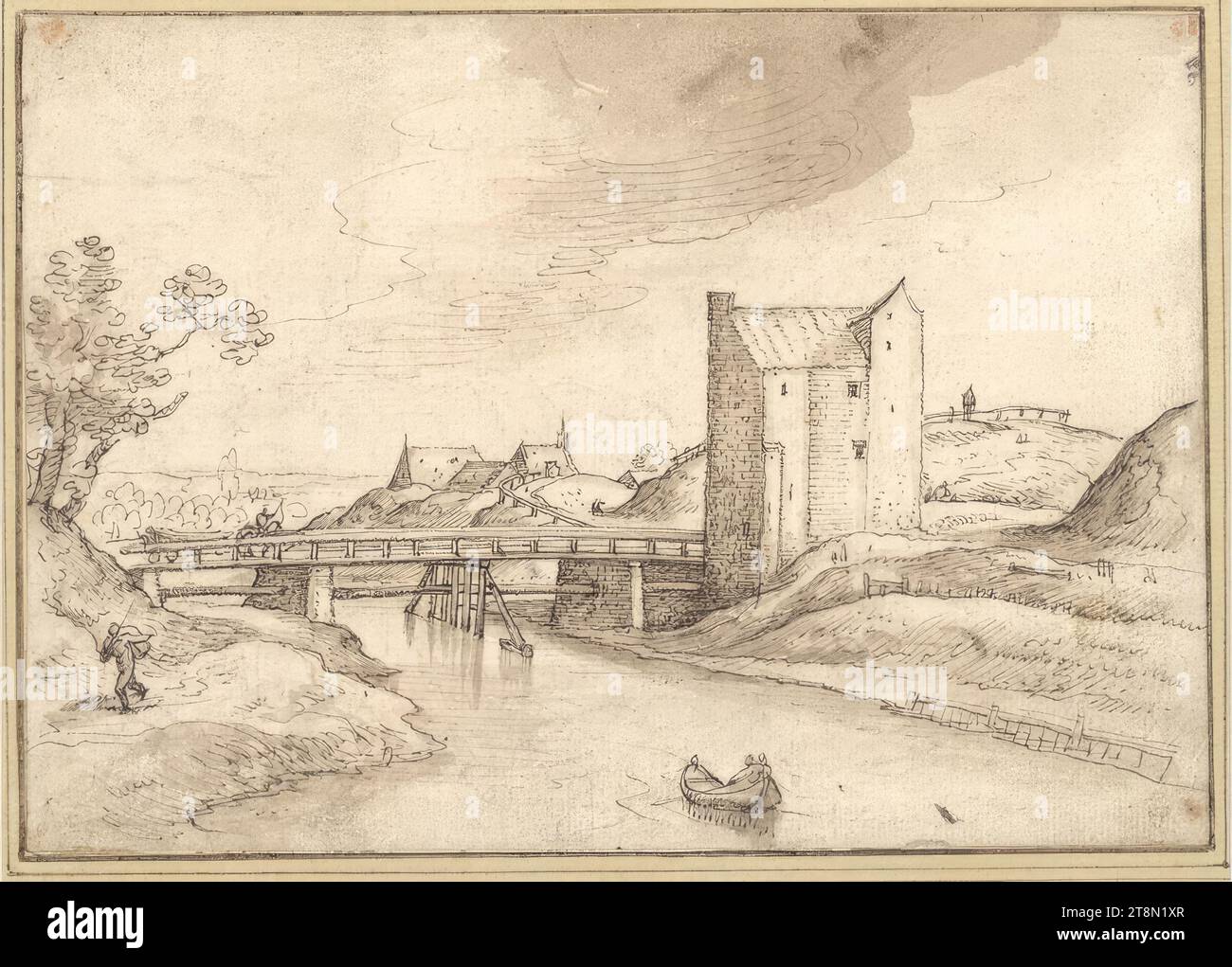 Flusslandschaft mit Holzbrücke und Turm, Hans Bol (Mechelen 1534 - 1593 Amsterdam), Zeichnung, Stift und Tinte in Braun, gewaschen, 14 x 19,8 cm, l. und Herzog Albert von Sachsen-Teschen Stockfoto