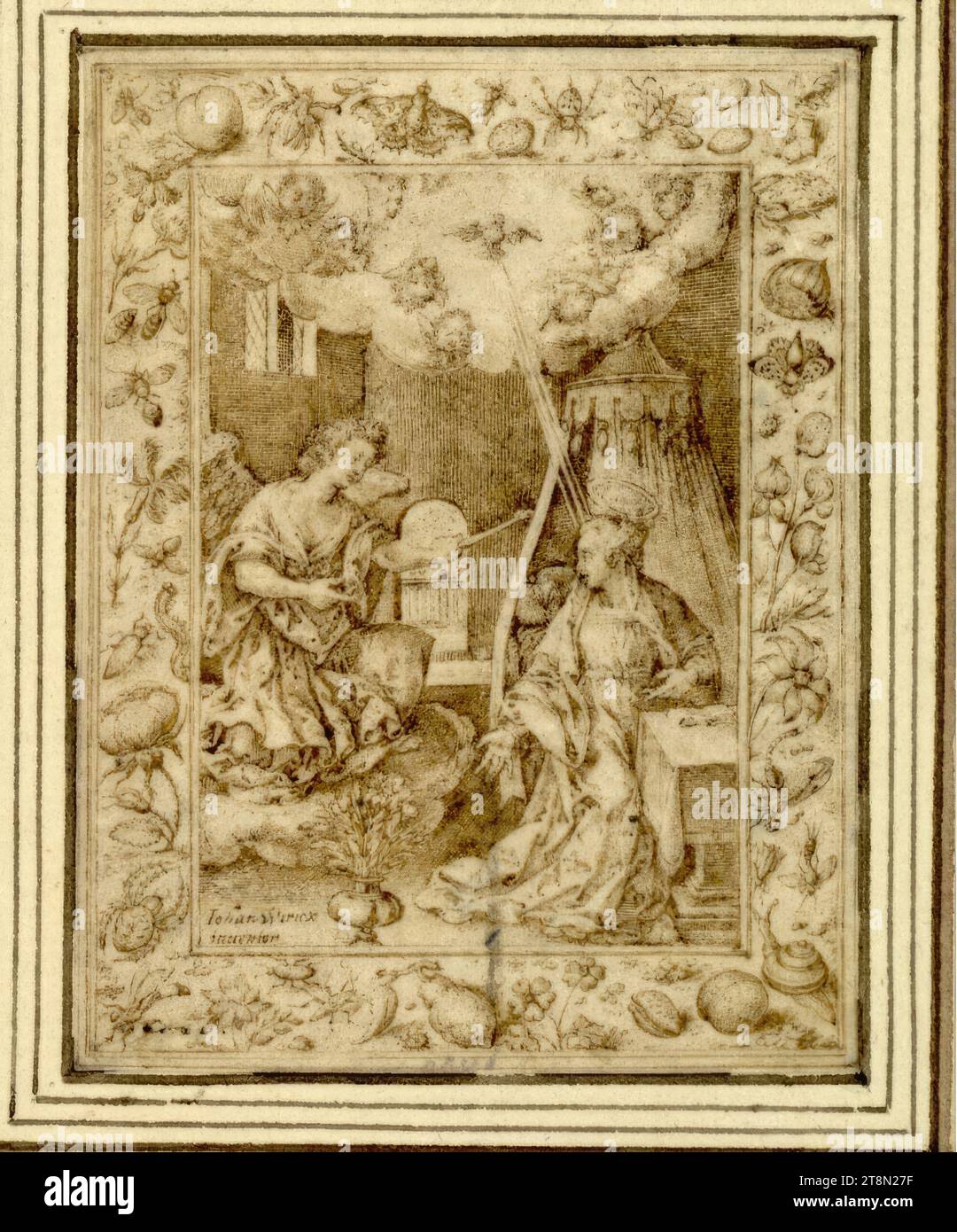 Verkündigung, Jan Wierix (Antwerpen um 1549 - um 1620 Brüssel), Zeichnung, Stift und Braun auf Pergament, 8,7 x 6,7 cm Stockfoto