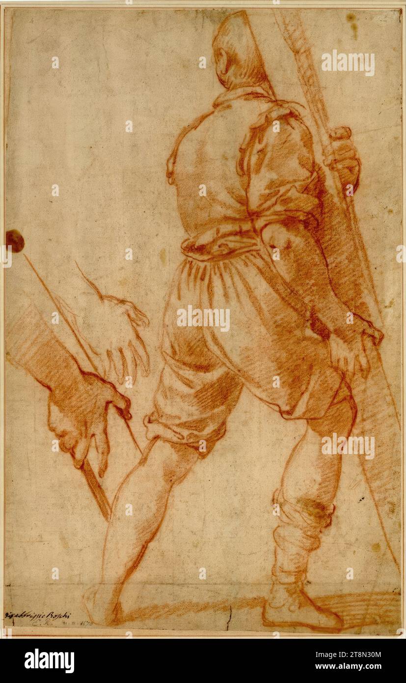 Schreitende Jugend von hinten nach rechts gesehen. (Er hält einen langen Balken; links hält er den Balken, zweimal gezeichnet), Fabrizio Boschi (Italien, 1572 - 1642), Zeichnung, rote Kreide; bräunliches Papier; ein Fleck in der Mitte am linken Rand; unten in der Mitte gerissen, 40,4 x 26,2 cm, rechts Herzog Albert von Sachsen-Teschen, links unten in alter Tinte 'di fabbrissio Boschi'; unten in einer anderen Hand in Bleistift 'E.R. n.n.1570'; Bleistift Nr. '4' oben links Stockfoto