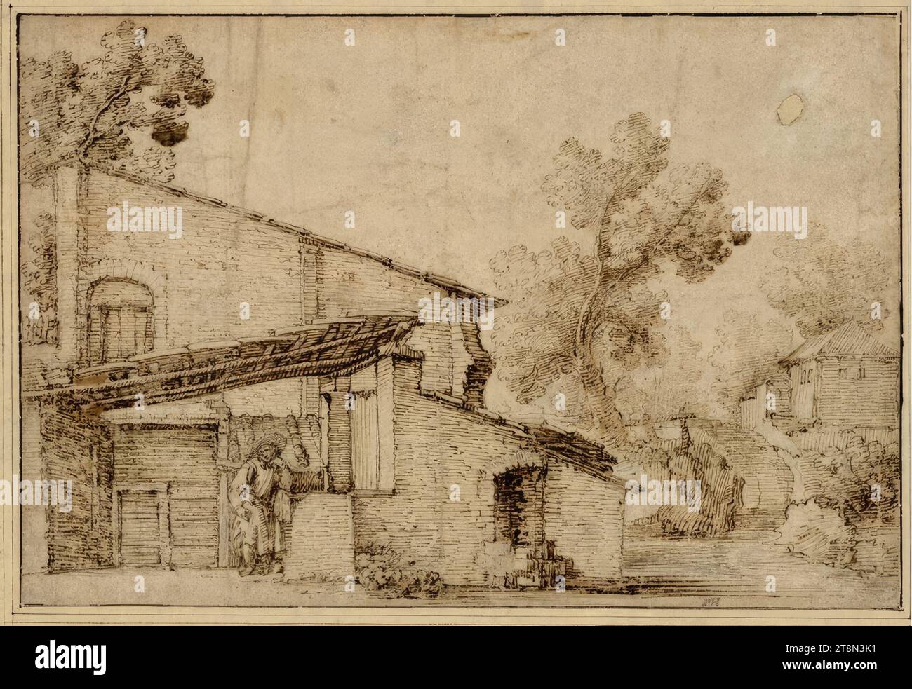 Baumlandschaft mit Gehöften; links unter dem Dach ein Mann, Remigio Cantagallina (italienisch, (ca. 1582/83 - 1656), Zeichnung, Stift; unterlegtes Loch, 18,1 x 26,7 cm, unbekannt (L.2083); l.b. Moritz von Fries; r.b. Herzog Albert von Sachsen-Teschen Stockfoto