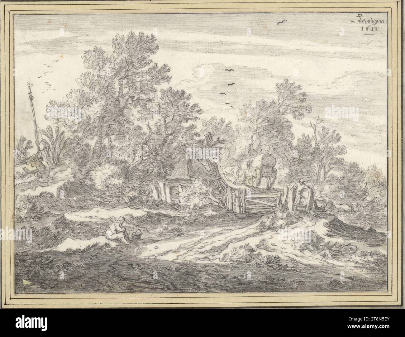 Landscape [...houten heck...], Pieter de Molyn (London 1595–1661 Haarlem), 1655, Zeichnung, Schwarze Kreide, graue Waschung; bräunliche Flecken an mehreren Stellen. 14,7 x 19,5 cm Stockfoto