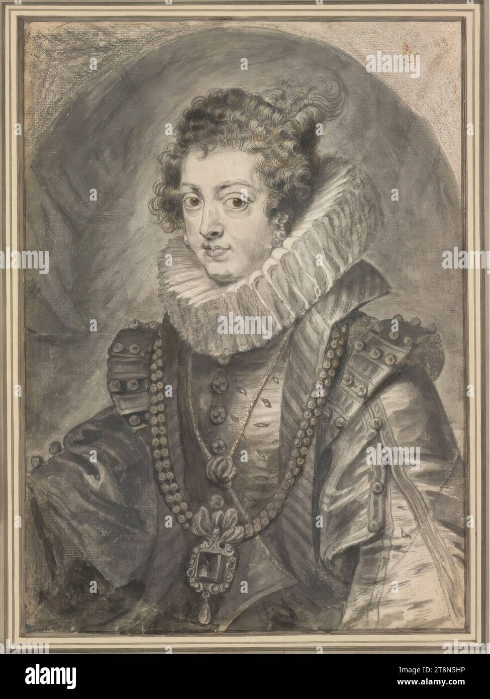 Isabelle von Bourbon, Königin von Spanien, Ehefrau von König Philipp IV. (Gravurmodell), Paulus Pontius (Antwerpen 1603 - 1658 Antwerpen), Zeichnung, schwarze Kreide, Pinsel in Grau und Braun, graue Waschung, Stift in Braun, deckend weiße Erhöhung; gerissen. In den Ecken leicht verschmutzt; die Spitzen der linken Ecken abgeschnitten., 36,8 x 26,6 cm, l.l., Herzog Albrecht von Sachsen-Teschen Stockfoto