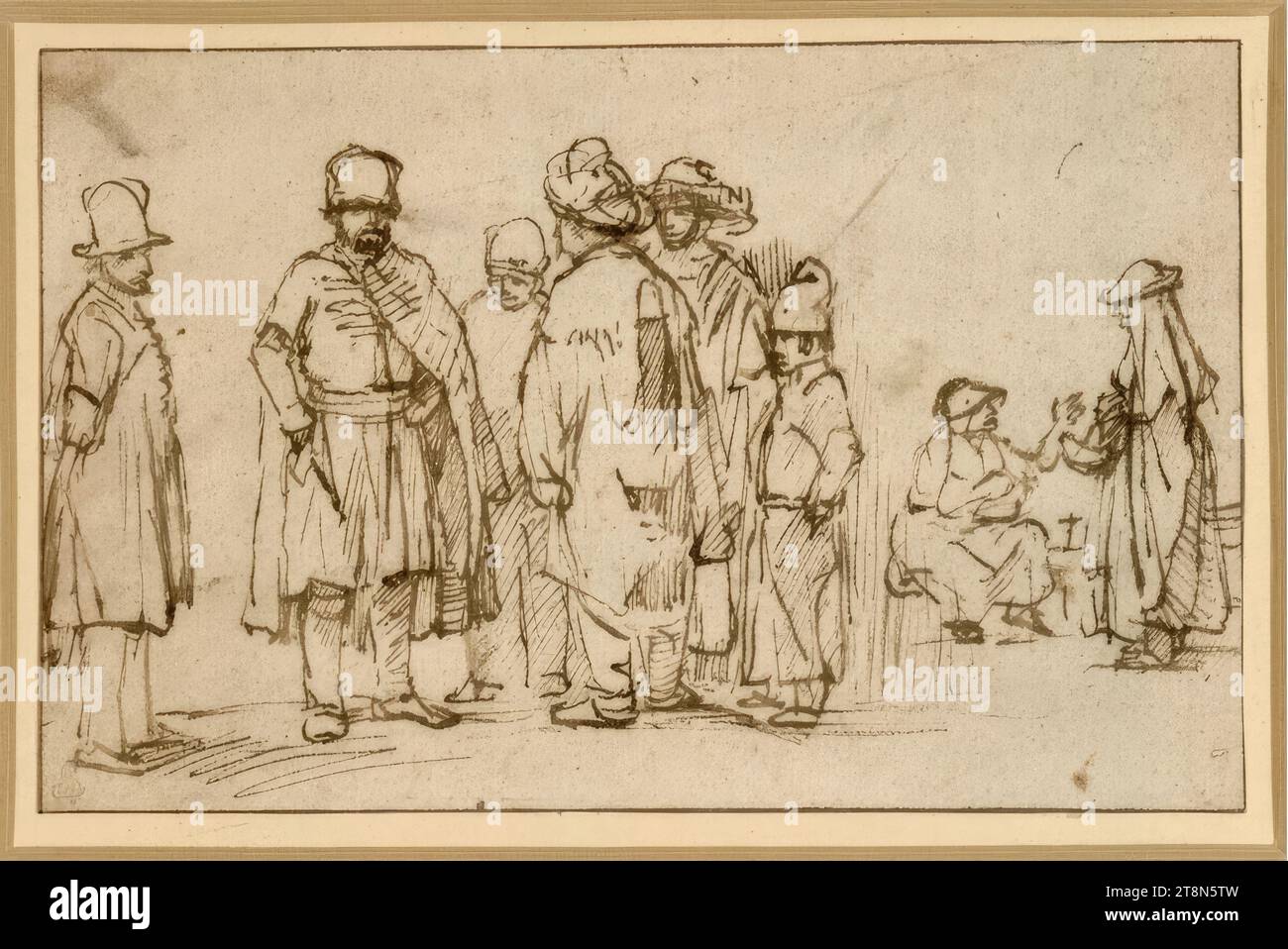 Gruppe von sechs stehenden Personen, daneben zwei Marktfrauen, anonym, um 1650, Zeichnung, Stift und braune Tinte, 125 x 197 mm, l.l., Herzog Albert von Sachsen-Teschen Stockfoto