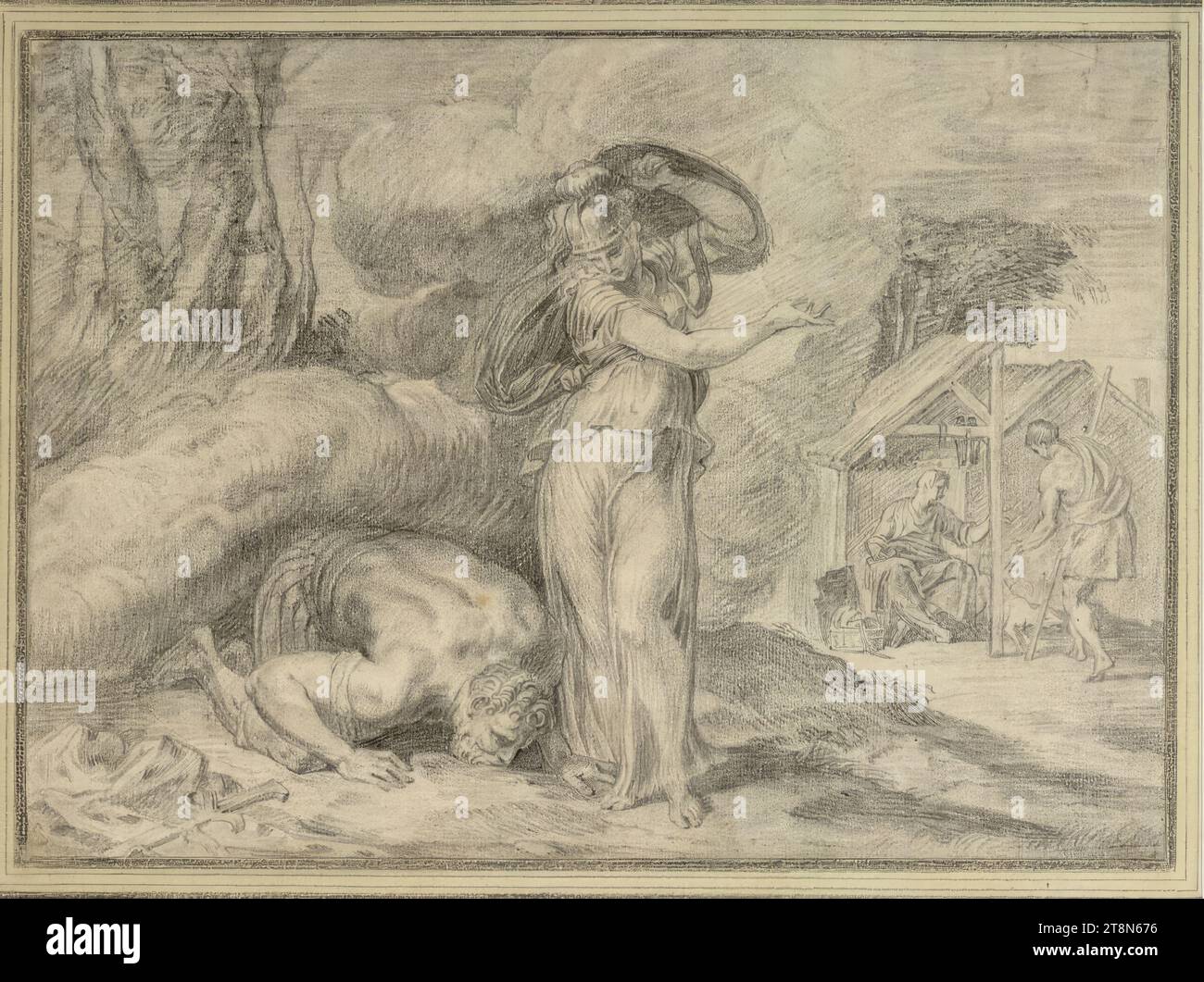 Athena und Ulysses zeichnen, schwarze Kreide. Schräge Quetschfalte nach links. Darunter, 22,9 x 31,6 cm, l.l., Herzog Albert von Sachsen-Teschen Stockfoto