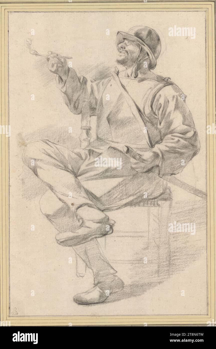 Sitzender Soldat, Pfeife rauchend, Zeichnung, schwarze Kreide, 24,6 x 16,1 cm, l. u Albert von Sachsen-Teschen Stockfoto