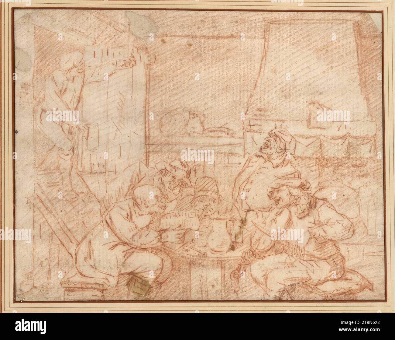 Taverne mit singenden Nachtschwärmern, Egbert van Heemskerck (Haarlem 1634/35 - 1704 London), Zeichnung, rote Kreide; an den oberen Ecken abgeschnitten; zwei restaurierte Defekte übrig geblieben. Oben; Schmutz an mehreren Stellen, 21,3 x 27,2 cm Stockfoto