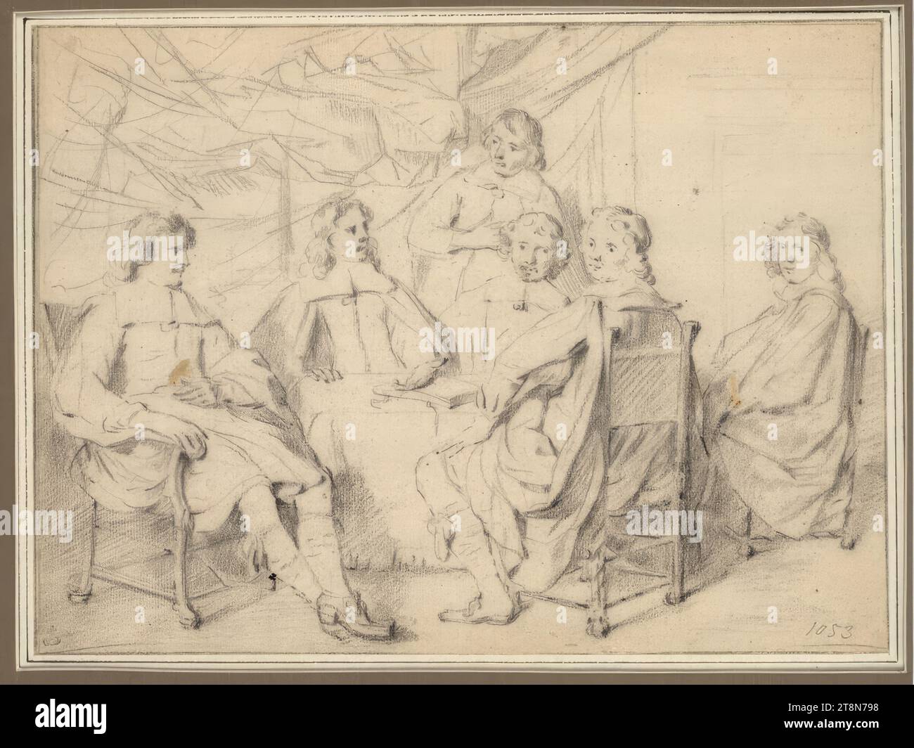 Entwurf für ein Gruppenporträt von sechs um einen Tisch sitzenden Räten, Bartholomeus van der Helst (Haarlem 1613 - 1670 Amsterdam), Zeichnung, schwarze Kreide. Ursprüngliche Randlinie; zwei kleine fehlende Teile in den beiden flankierenden Figuren., 19,6 x 26,7 cm, l. und Herzog Albrecht von Sachsen-Teschen, nummeriert von jemand anderem rechts. Unten mit Graphitstift: '1053 Stockfoto
