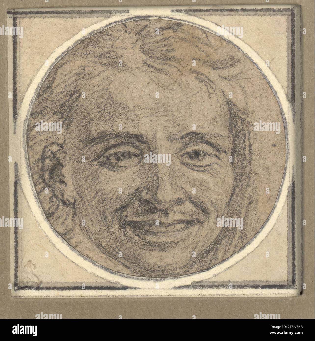 Kopf eines lächelnden jungen Mannes, en Face, Gabriel Metsu (Leiden 1629–1667 Amsterdam), Zeichnung, Schwarze Kreide, auf bräunlich hellgrauem Büttenpapier; zu einem runden Medaillon geschnitten., 5,8 x 5,8 cm, l. und Herzog Albert von Sachsen-Teschen Stockfoto