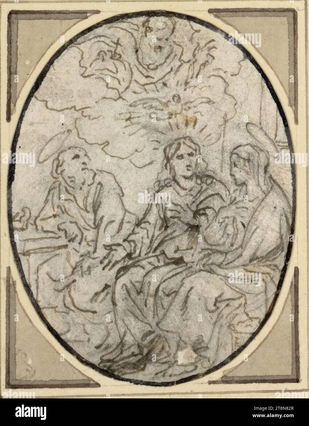 Der Jugendliche Jesus im Gespräch mit Maria und Joseph, Abraham van Diepenbeeck (s' Hertogenbosch 1596 - 1675 Antwerpen), Zeichnung, Graphit-Bleistift, gewischt, Stift in Braun, auf Oval-geschnittenem Papier, gestempelt; Riss mit Verlust an der Unterkante, 7,9 x 6,0 cm, l.l., Herzog Albrecht von Sachsen-Teschen (im Rahmen) Stockfoto