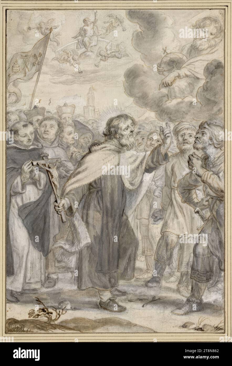 Elias mit Kruzifix als christlicher Missionar (36), Leben und Wunder des Propheten Elias (41 Gravurvorlagen), Abraham van Diepenbeeck (s' Hertogenbosch 1596 - 1675 Antwerpen), Zeichnung, Graphitstift, Stift in braun, grau und braun gewaschen, weiß, Spuren schwarzer Kreide, gestempelt, 27,4 x 18,5 cm, l.l. Herzog Albert von Sachsen-Teschen Stockfoto