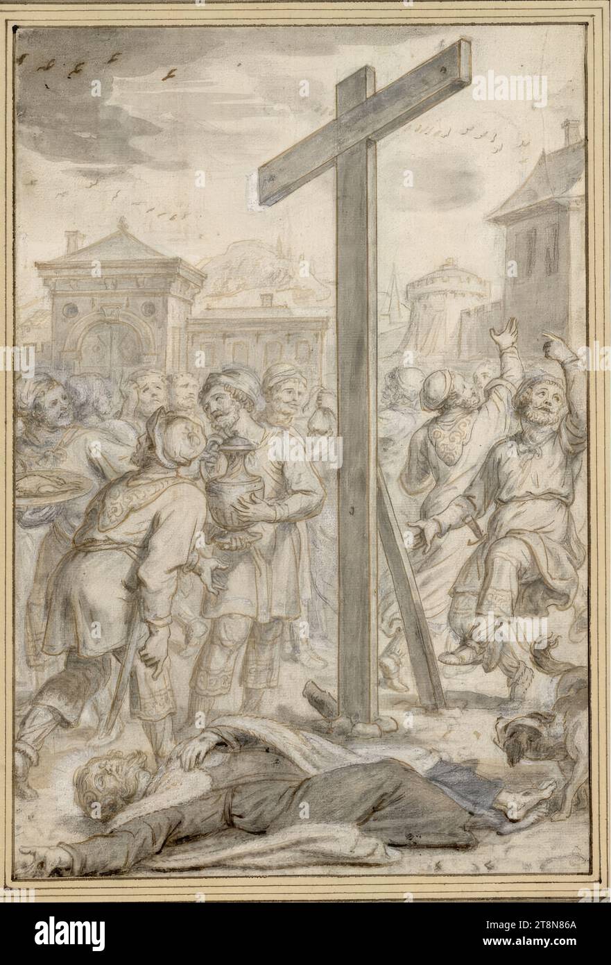 Elias liegt unter dem Kreuz (38), Leben und Wunder des Propheten Elias (41 Stiche), Abraham van Diepenbeeck (s' Hertogenbosch 1596 - 1675 Antwerpen), Zeichnung, Graphitstift, brauner Stift, schwarze Kreide, grau-braune Waschung, lichtundurchlässig weiß, gestempelt, 27,5 x 18,6 cm, r. r. Herzog Albert von Sachsen-Teschen Stockfoto