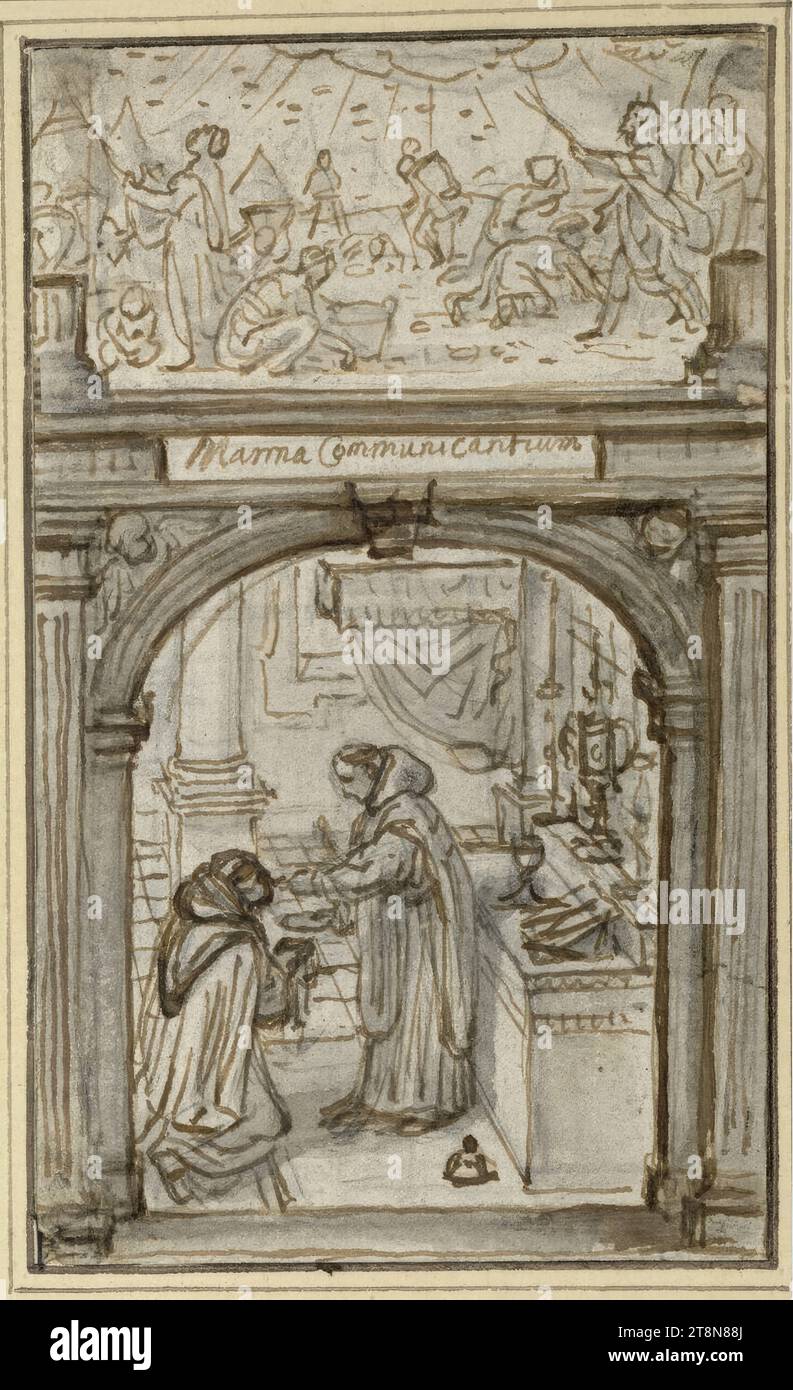 Kommunizierender Karmelit unter einer Arkade - über einer Darstellung des Mannaregens, Abraham van Diepenbeeck (s' Hertogenbosch 1596 - 1675 Antwerpen), Zeichnung, Graphitstift, brauner Stift, graue Waschung; gefingert, 13,6 x 8,1 cm, l.l., Herzog Albert von Sachsen-Teschen, über dem Portal Inschrift: 'manna Communicantium Stockfoto