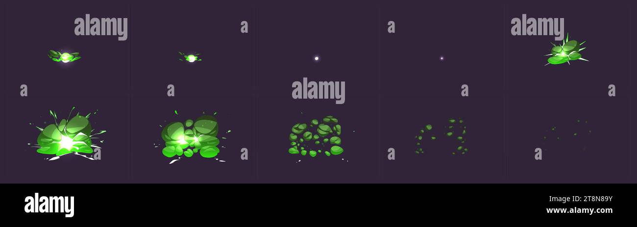 Grünes Explosionsanimationsblatt isoliert auf schwarzem Hintergrund. Vektor-Cartoon-Illustration von Lichtfleck, Explosionsboom-Effekt, Wolke von giftigem Rauch, der sich in der Luft ausbreitet und verschwindet, Alien-Angriff Stock Vektor