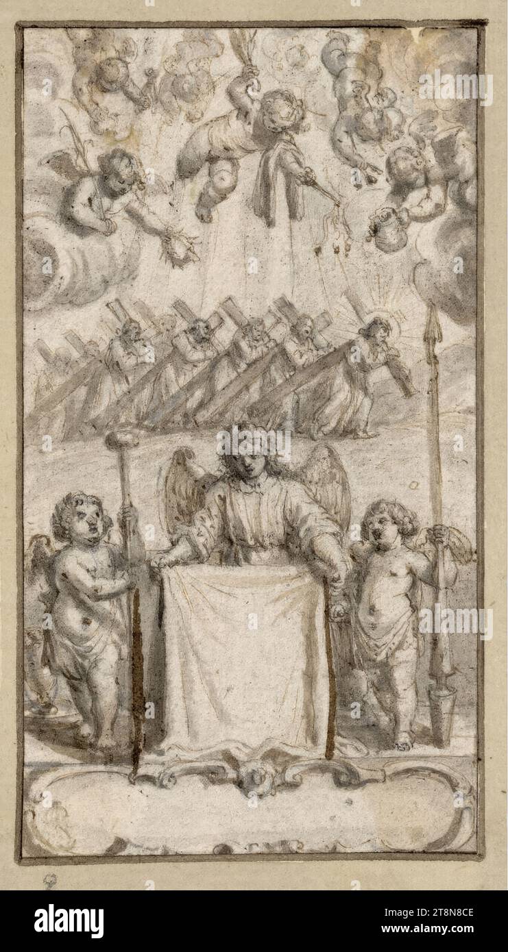 Mehrere Engel mit Tuch und Werkzeug der Passion - im Hintergrund mehrere Träger des Kreuzes in der Nachahmung Christi, Abraham van Diepenbeeck (s' Hertogenbosch 1596 - 1675 Antwerpen), Zeichnung, Stift in Braun, Pinsel in Grau, Grau und Braun Waschung, über Graphitstift; durchwühlter bräunlicher Schmutz in den Ecken, 10,1 x 5,5 cm, l.l., Herzog Albrecht von Sachsen-Teschen Stockfoto