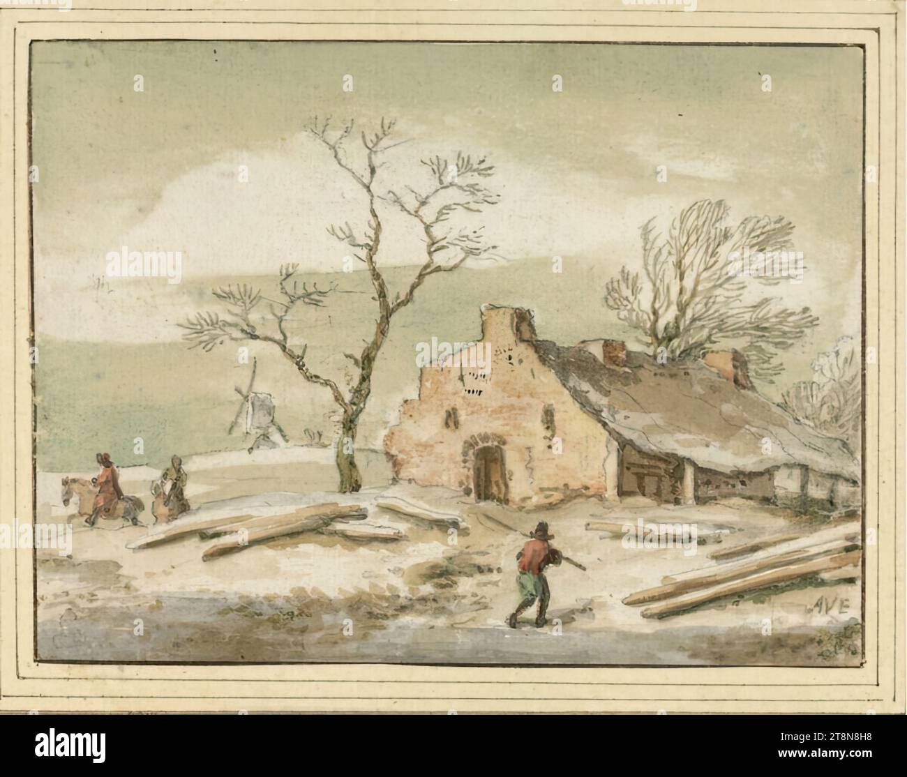 Winterlandschaft mit Bauernhof und Windmühle im Hintergrund, Allart van Everdingen (Alkmaar 1621 - 1675 Amsterdam), Zeichnung, Graphitstift, Pinsel in Braun- und Graubraun, Aquarell., 9,8 x 13,1 cm, l. l. Herzog Albert von Sachsen-Teschen Stockfoto