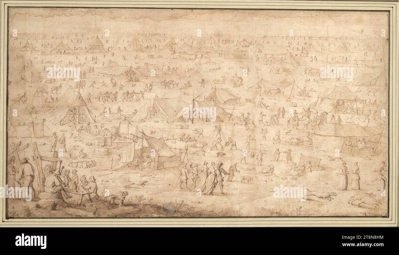 Volksfest mit unzähligen Zelten in einer weiten flachen Landschaft, Albert Flamen (Brügge um 1620 - nach 1693 Paris), Zeichnung, Stift und braune Tinte; bräunliche Wasserschäden, besonders an den Rändern; unten links von der Mitte ein kleiner Fleck von undurchsichtigem weiß, 17,2 x 31,4 cm, links und Herzog Albrecht von Sachsen-Teschen Stockfoto