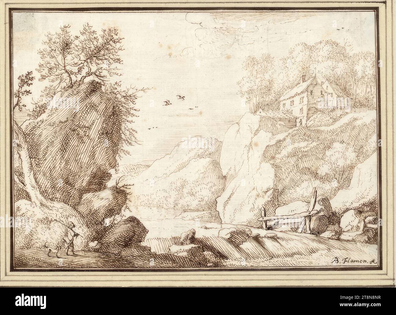 Wasserfall zwischen Felsen (II-18), '2d Livre de Dessin' mit 50 Blättern, Albert Flamen (Brügge um 1620 - nach 1693 Paris), Zeichnung, Stift und braune Tinte, 10,3 x 14,6 cm Stockfoto