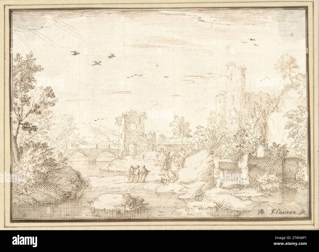 Südliche Flusslandschaft mit Ruinen, einer Steinbrücke und drei Figuren (II-22), '2d Livre de Dessin' mit 50 Blättern, Albert Flamen (Brügge um 1620 - nach 1693 Paris), Zeichnung, Stift und Braun, 10,4 x 14, 5 cm, l. und Herzog Albrecht von Sachsen-Teschen Stockfoto