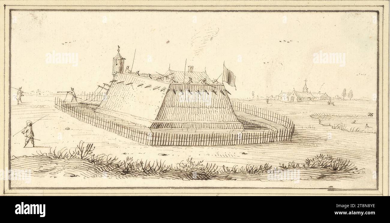 Kleine Bastion in einer weiten flachen Landschaft (IV-22), '4e Livre de Dessin de ab. Flamen' mit 45 Blatt, Albert Flamen (Brügge um 1620 - nach 1693 Paris), Zeichnung, Stift und Tinte in Braun, 8,5 x 17,4 cm, l. und Herzog Albert von Sachsen-Teschen Stockfoto