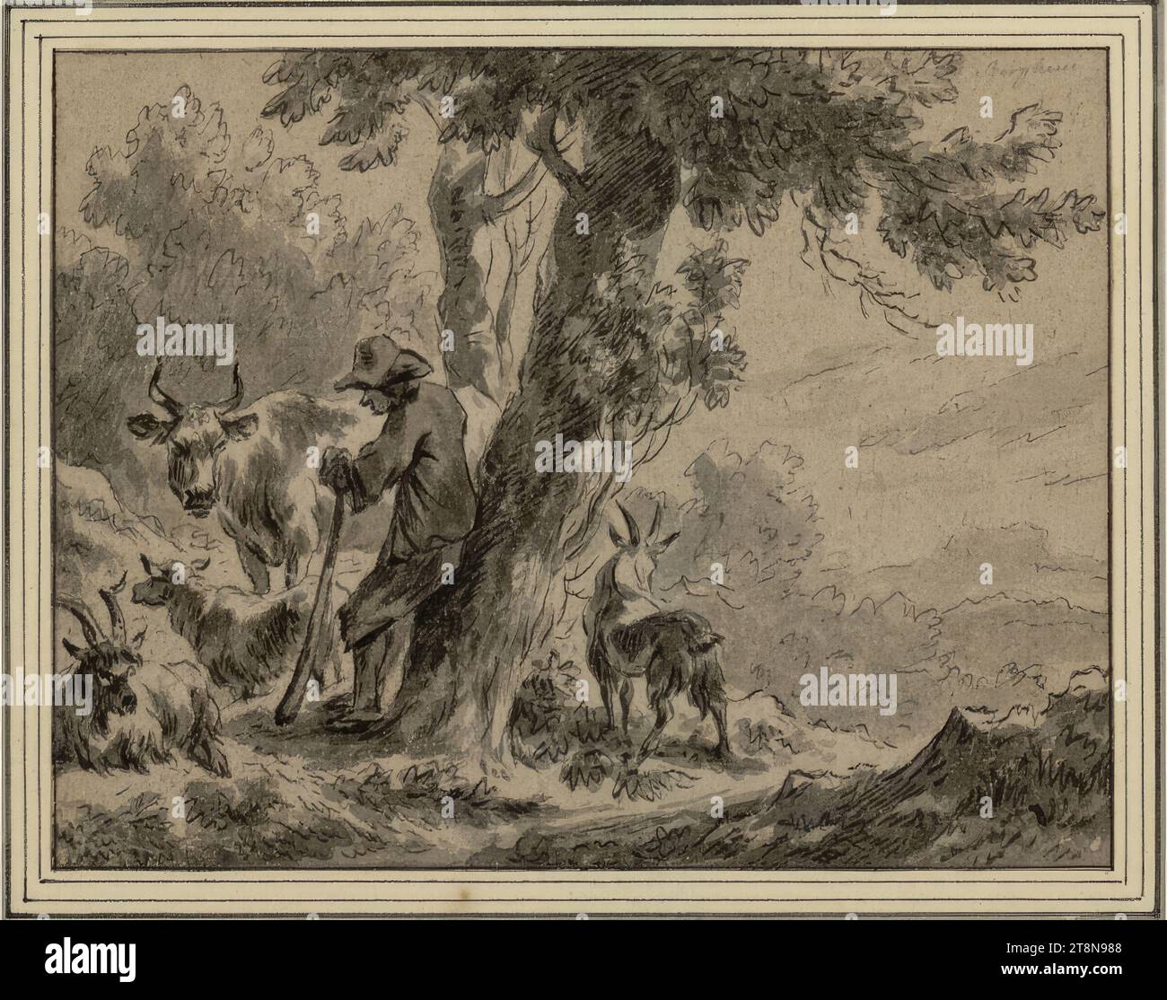 Ein Hirte, der sich an einen Baum lehnt, umgeben von seinen kleinen Herden Nicolaes Pietersz. Berchem (Haarlem 1621/22 - 1683 Amsterdam), Zeichnung, Stift und Tinte, grau gewaschen, über Graphit Bleistift, auf bräunlich gefärbtem Papier. 13,6 x 17,5 cm, Herzog Albrecht von Sachsen-Teschen, Inschrift re. Oben in einer anderen Hand mit Graphitstift: 'Berghem Stockfoto