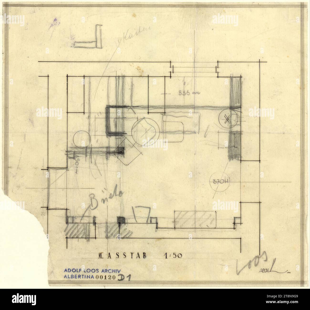 Unbekannt, Grundriss einer Bibliothek, Architekturzeichnung, Tracing Paper; Bleistift; Tinte, 17,1 x 18,9 cm Stockfoto