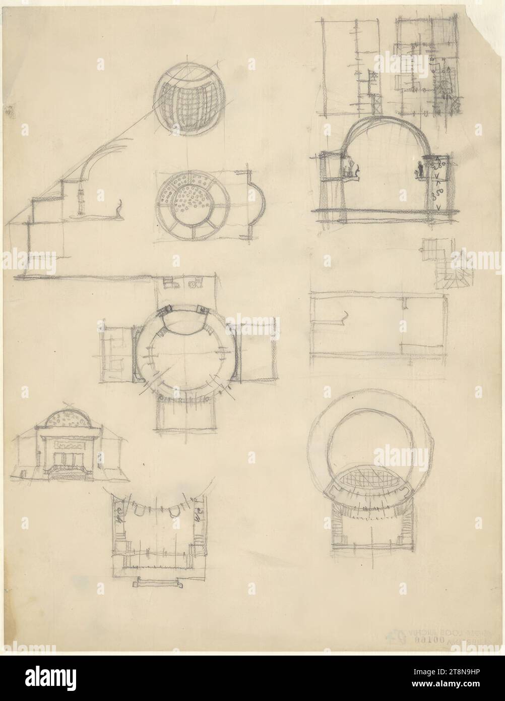 Rundtheater (Villa Rotonda), Adresse unbestimmt, Grundrisse, Abschnitte, Aussicht (Theater), um 1920, Architekturzeichnung, Schreibwaren; Bleistift, 268 x 208 mm Stockfoto