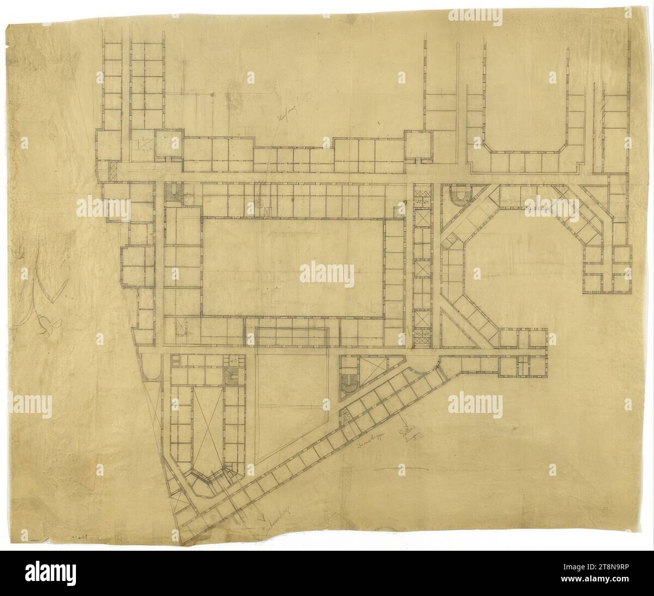 Erschließung des Modena-Geländes, Wien III, Salesianergasse/Strohgasse/Reisnerstraße/Beatrixgasse, Grundriss, 1922, Architekturzeichnung, transparentes Papier; Bleistift, 800 x 972 mm Stockfoto