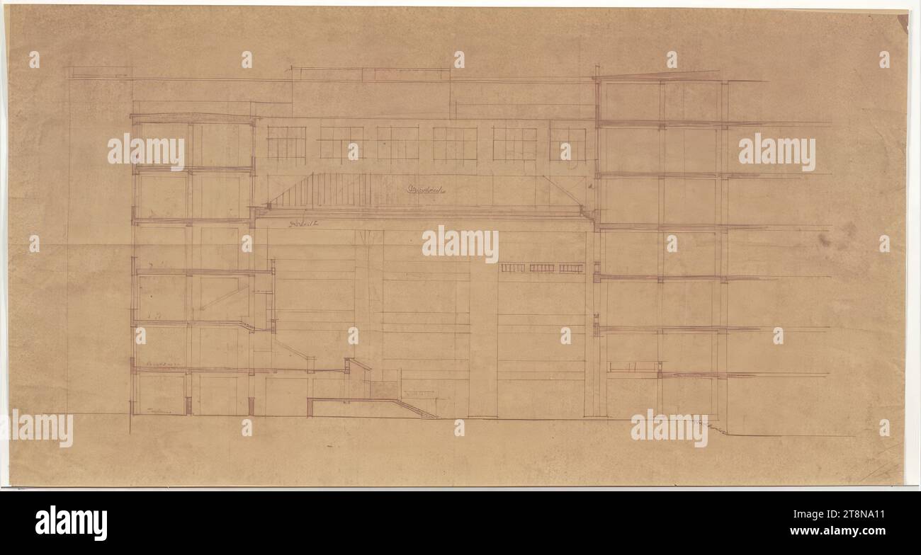 Kaufhaus, Längsschnitt, um 1930, Architekturzeichnung, roter Druck, 394 x 735 mm Stockfoto