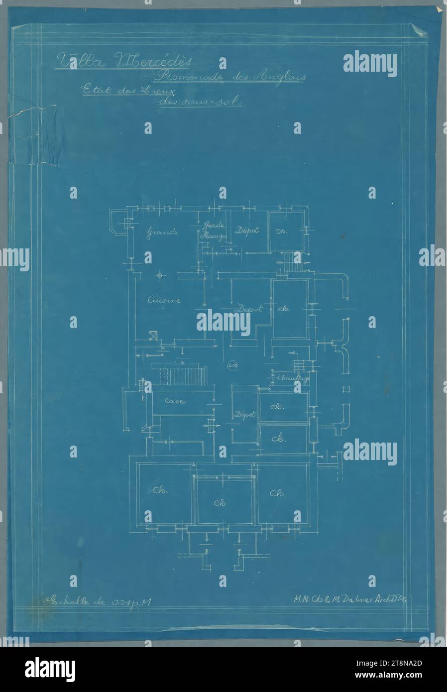 Villa Mercedes-Jellinek, Nizza, Promenade des Anglais, Frankreich, Grundriss Untergeschoss, 1931, Architekturzeichnung, Blueprint, 552 x 374 mm Stockfoto