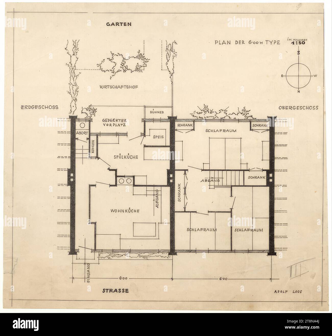 Reihenhaus, 6m Typ, Grundrisse, Architekturzeichnung, Pause, 36,7 x 39 cm Stockfoto