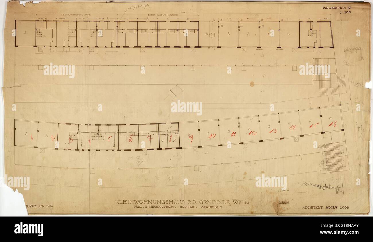 Kleines Mehrfamilienhaus mit Terrassen für die Gemeinde Wien, Wien X., Inzersdorferstraße (heute: Kennergasse/Bürgergasse/Stadiglgasse/Favoritenstraße), Grundriss, 4. Stock, 1923, Architekturzeichnung, Bruch, 563 x 964 mm Stockfoto