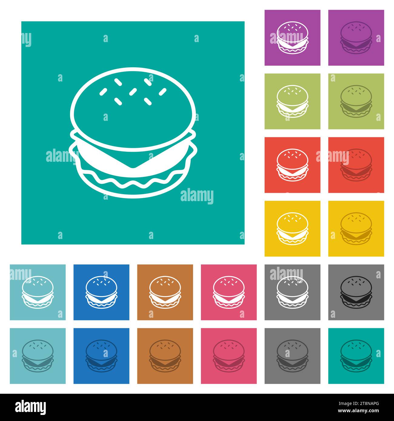 Cheeseburger mehrfarbige flache Symbole auf einfachen quadratischen Hintergründen. Enthält weiße und dunklere Symbolvarianten für Mover- oder aktive Effekte. Stock Vektor