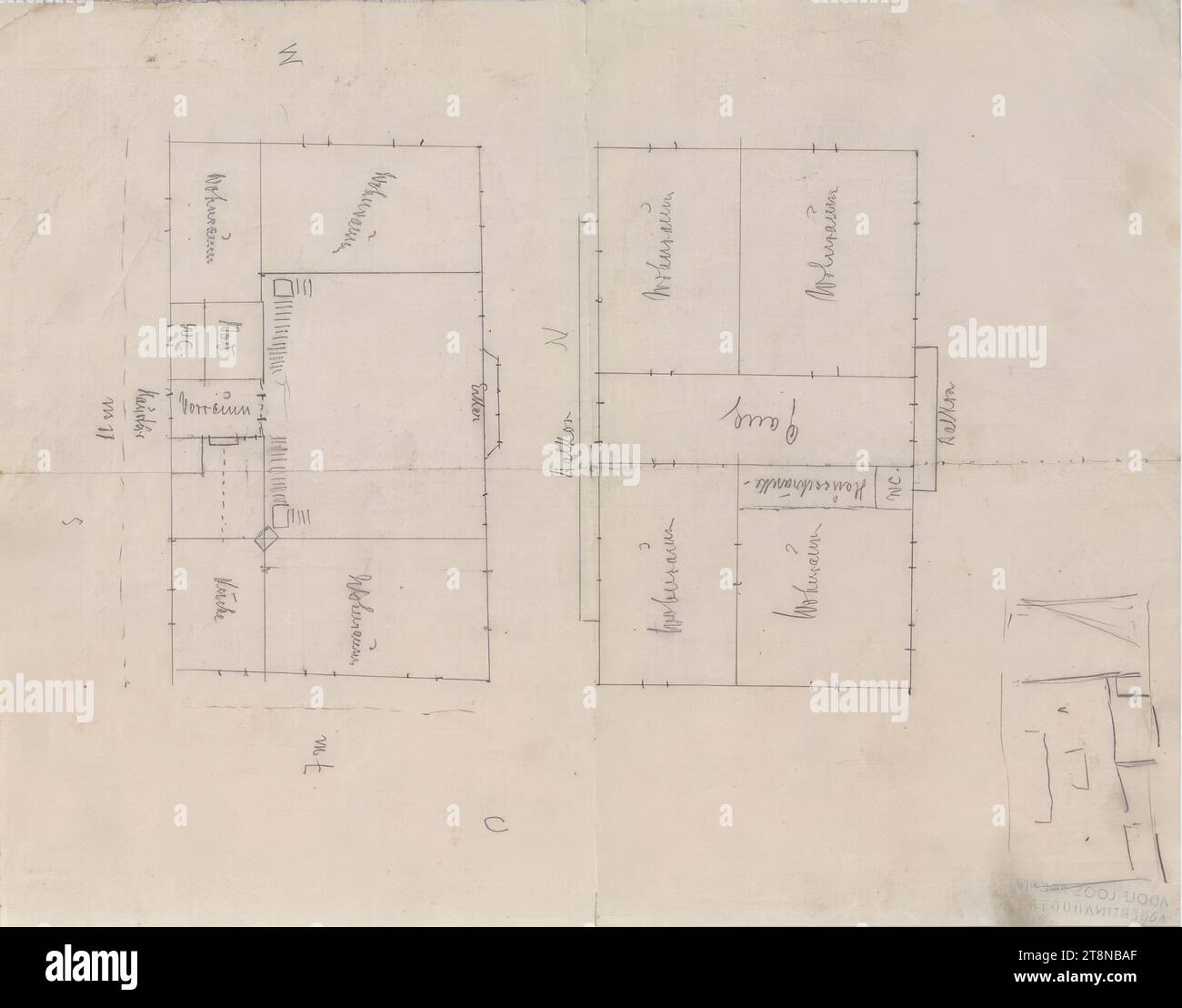 villa, Grundriss von zwei Etagen, Architekturzeichnung, Zeichenpapier; Bleistift, 8,3 x 10,5 Stockfoto